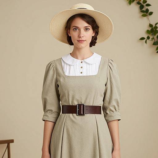 Photograph of a young woman with fair skin, brown hair, wearing a light green dress with puffed sleeves, white ruffled collar, brown belt