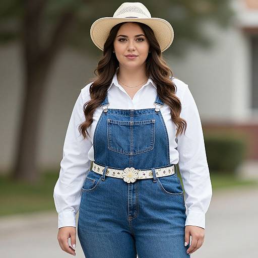 Photograph of a young woman with long brown hair, wearing a white shirt, blue denim overalls, cream hat, and white belt, standing outdoors