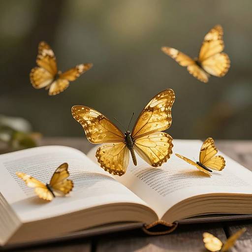 Photograph of glowing, orange butterflies fluttering around an open book on a sunlit wooden surface, with a blurred green background.