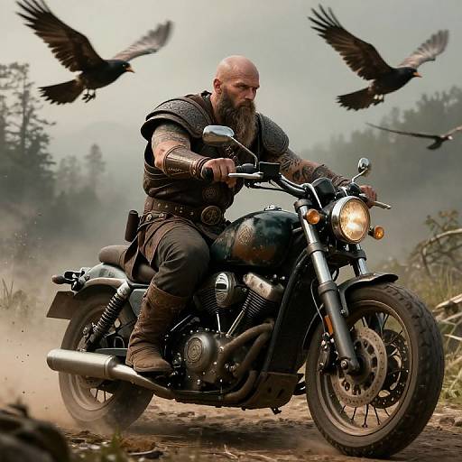 Viking Warrior Riding Motorcycle in Forest