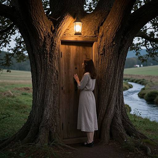 Photograph of a woman in a white dress, standing before a wooden door in a tree, illuminated by a lantern, with a river and meadow