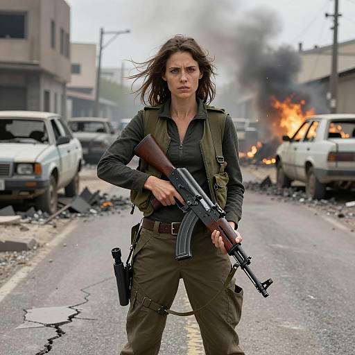 Female Soldier With Rifle in War-Torn City