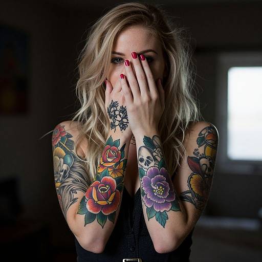 Mysterious Woman with Colorful Tattoos