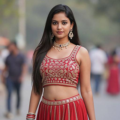 Photograph of an Indian woman with long black hair, wearing a red and gold embroidered crop top and skirt, with gold jewelry, standing outdoors in a