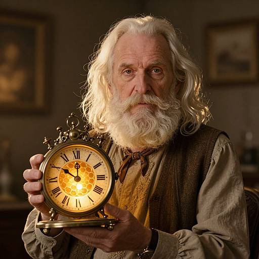 Elderly Man with Glowing Honeycomb Clock