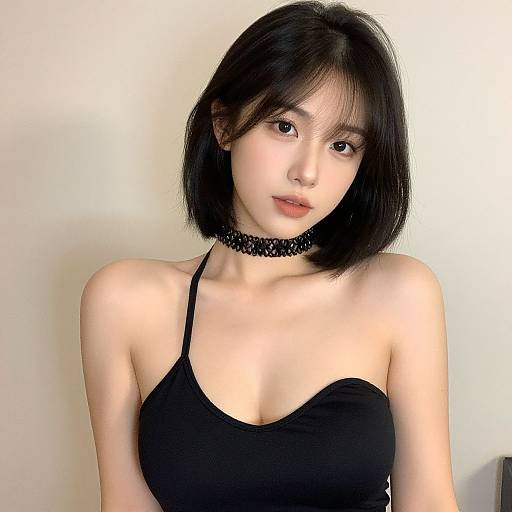 Photograph of an Asian woman with a short black bob, wearing a black strapless top and a black choker, against a plain white background.