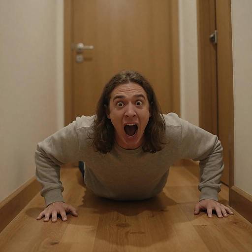 Terrified Man Crawling on Wooden Floor