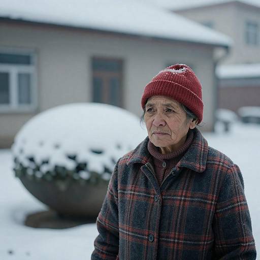 Somber Snowy Portrait of Elderly Woman