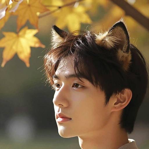 Photograph of an Asian young man with black cat ears in his dark hair, gazing to the side under autumn leaves.