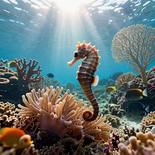 Photograph of a vibrant, orange-striped seahorse with a curled tail, swimming near coral and sea anemones under bright sunlight in a clear