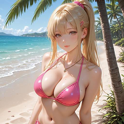 Blonde Beauty in Pink Bikini at Beach