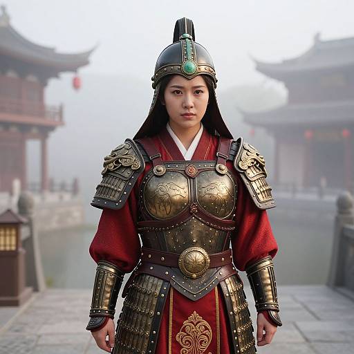 Digital illustration of an Asian woman in elaborate medieval Chinese armor, standing in a foggy, traditional courtyard with wooden buildings.