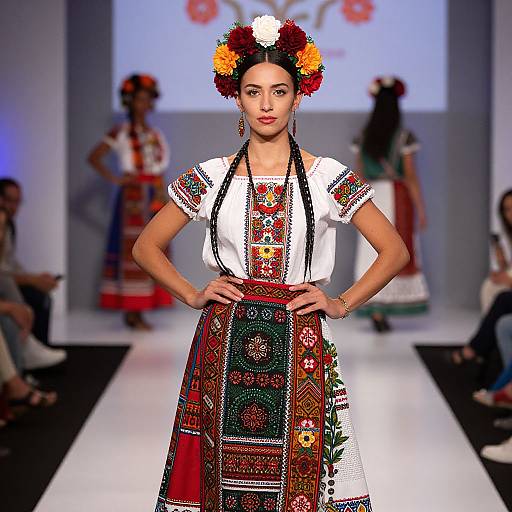 Photograph of a confident woman on a fashion runway, wearing a traditional Mexican dress with colorful embroidery, and a vibrant floral headpiece, with other models