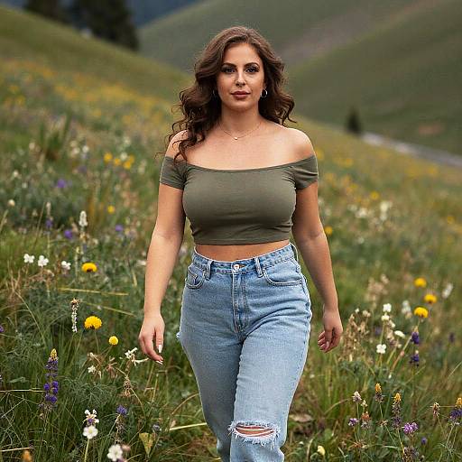 Photograph of a curvy brunette woman with wavy hair, wearing an off-shoulder olive crop top and ripped blue jeans, walking through a