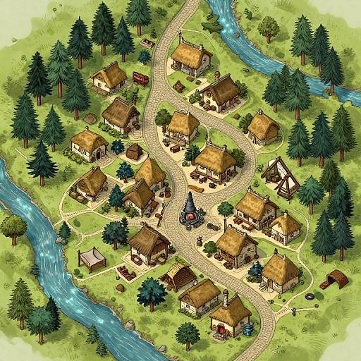 Colorful digital drawing of a quaint village with thatched-roof houses, winding paths, a central church, and a river surrounded by trees.