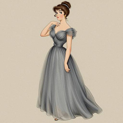 Digital illustration of a fair-skinned woman with brown hair in an updo, wearing an elegant off-shoulder, blue-gray, floor-length gown