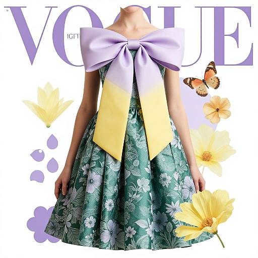 Photograph of a headless woman wearing a green floral dress with a large lavender and yellow bow, surrounded by yellow flowers and butterflies, with 