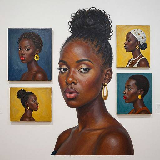 Digital painting of a beautiful dark-skinned woman with an updo, gold earrings, and red lipstick, surrounded by four smaller portraits.