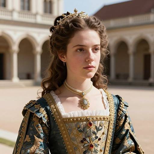 Photorealistic digital painting of a young, fair-skinned woman with brown curls, wearing an ornate, blue and gold Renaissance gown, and a