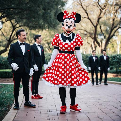 Person in Minnie Mouse Costume with Groomsmen Outdoors