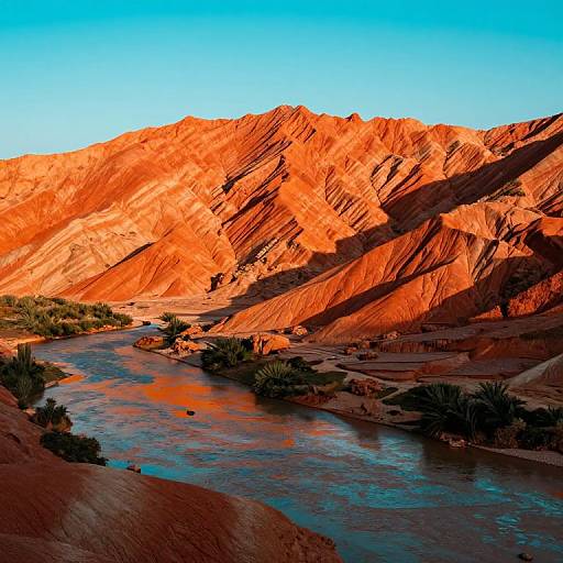 Photograph of vibrant red-orange desert mountains with textured, sunlit ridges, a winding blue river, and sparse green vegetation under a clear, bright