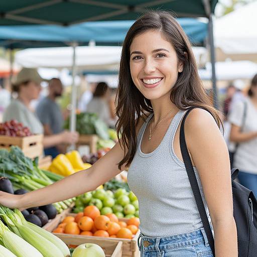 Photograph of a smiling young woman with long brown hair, wearing a white tank top and blue jeans, at a vibrant outdoor market with colorful fruits and