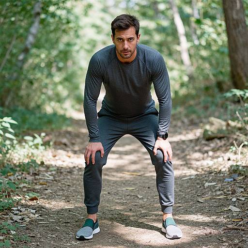 Photograph of a fit, bearded man in a gray long-sleeve shirt and black pants, standing in a forest path, leaning forward with