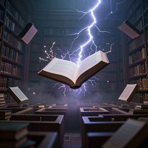 Photograph of a library with dark wooden shelves, books, and floating pages illuminated by a glowing, lightning-struck open book.