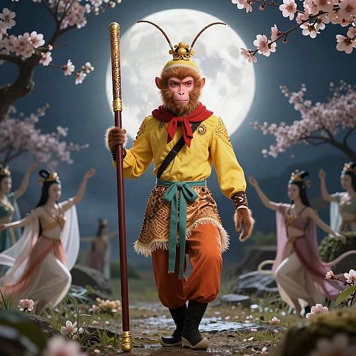 Digital artwork of a fierce, bearded Asian warrior in yellow and orange traditional attire, holding a staff, with dancers and cherry blossoms under a full