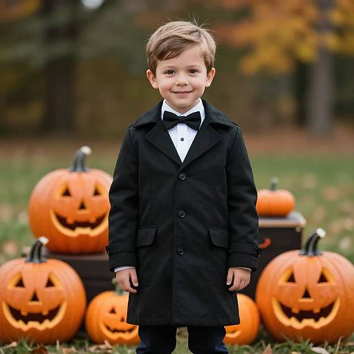 Photograph of a cute young boy in a black coat and bow tie, standing in front of carved pumpkins on a grassy autumn lawn.