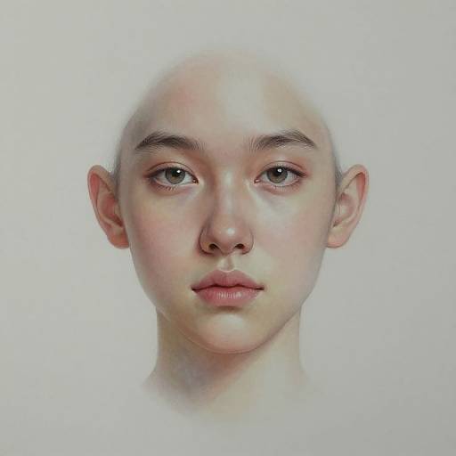 Hyper-realistic digital portrait of a bald, pale-skinned woman with delicate features, soft pink lips, and light blue eyes, against a white background