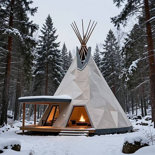 Photograph of a modern, geometric white teepee with a wooden roof, set in a snowy forest, featuring a lit fireplace inside.