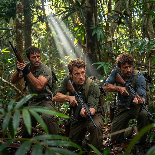 Three muscular men with rifles crouching in dense jungle, sunlight filtering through leaves, intense expressions, ready for action, photograph.