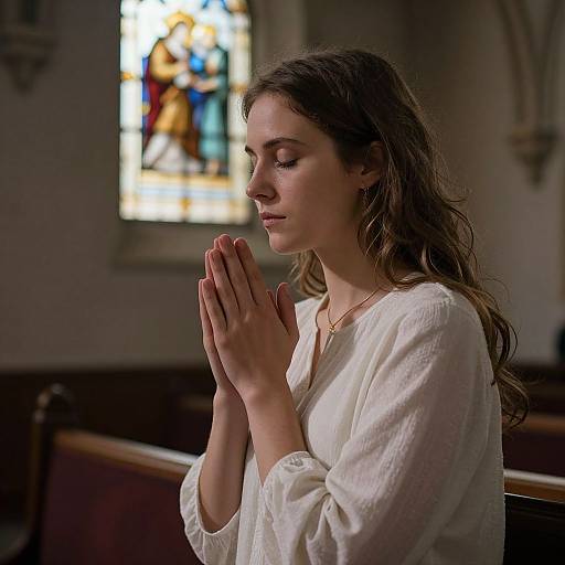 Photograph of a young woman with long brown hair, closed eyes, and clasped hands in prayer, wearing a white blouse, in a dimly