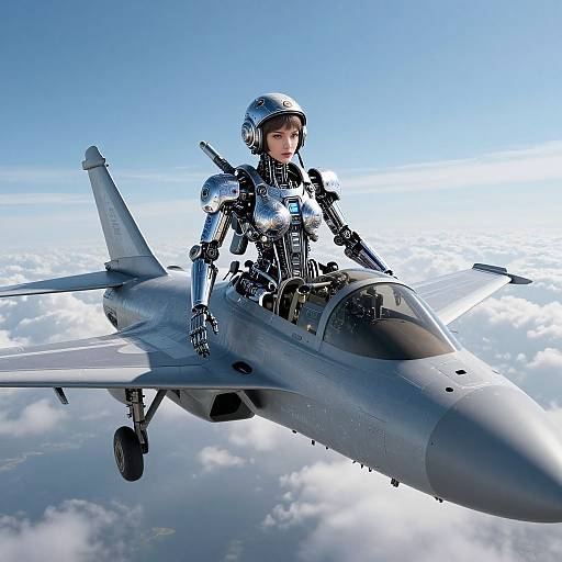 Digital art of a female cyborg pilot in a silver helmet, flying a gray military jet above a cloud-filled sky.