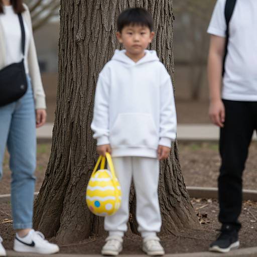 Photograph of a young Asian boy in white hoodie and pants, holding a yellow and blue striped bag, standing in front of a large tree, with