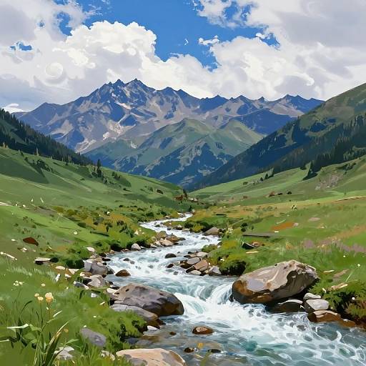 Digital painting of a vibrant mountain landscape with a rushing stream, rocky terrain, green hills, and blue, cloud-filled sky.