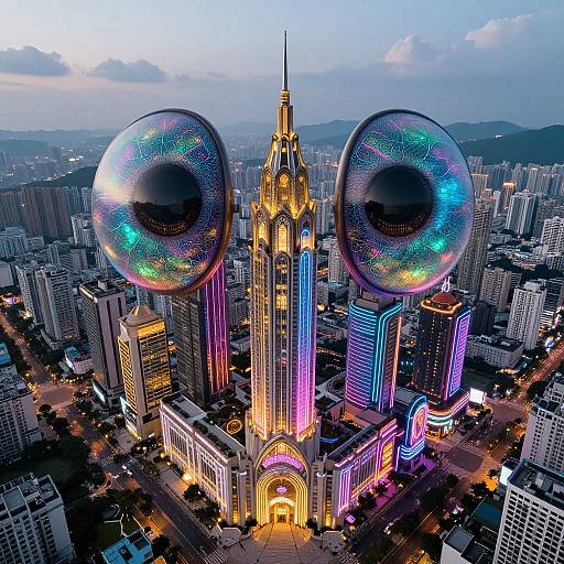 Aerial photograph of a cityscape featuring a central, illuminated, golden skyscraper with two large, colorful, spherical domes on top. Surrounding