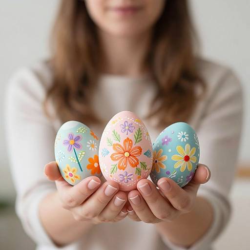 Photograph of a woman with long brown hair, blurred face, holding three colorful, floral-patterned Easter eggs in her hands. She wears a white