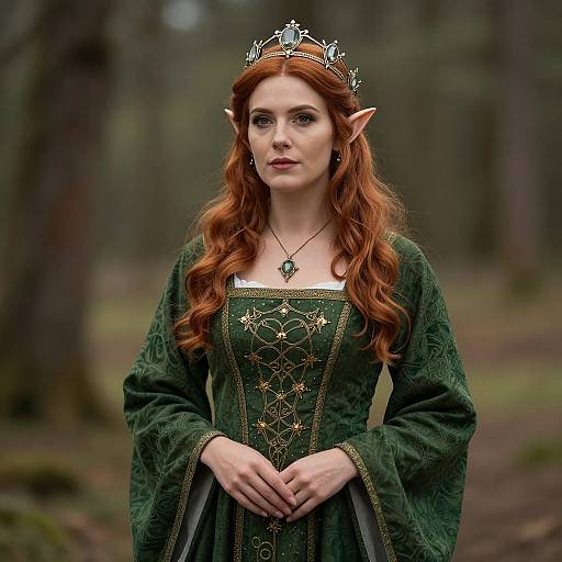 Photograph of a fair-skinned, red-haired elf woman with pointed ears, wearing a green, ornate dress, and a silver tiara,