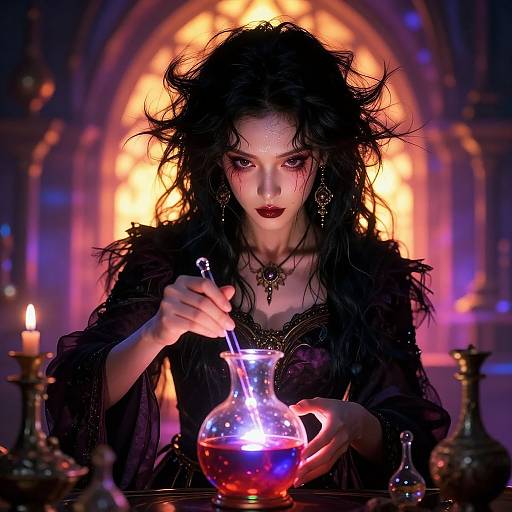 Digital art of a mysterious, dark-haired woman with glowing eyes, wearing black lace, mixing colorful liquids in a glass flask in a dimly lit,