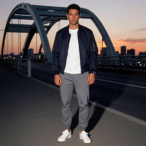 Photograph of a young Black man standing on a bridge at sunset, wearing a navy jacket, white t-shirt, gray pants, and white sneakers,
