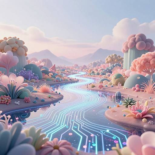 Digital art of a surreal, pastel-colored landscape with a glowing, circuit-patterned river winding through vibrant, fluffy flora and clouds.