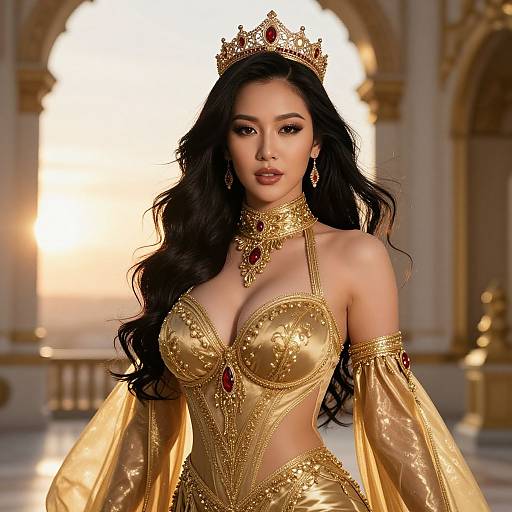 Digital artwork of an Asian queen with long black hair, wearing a golden, ornate crown, and a revealing gold gown, standing in a sunlit