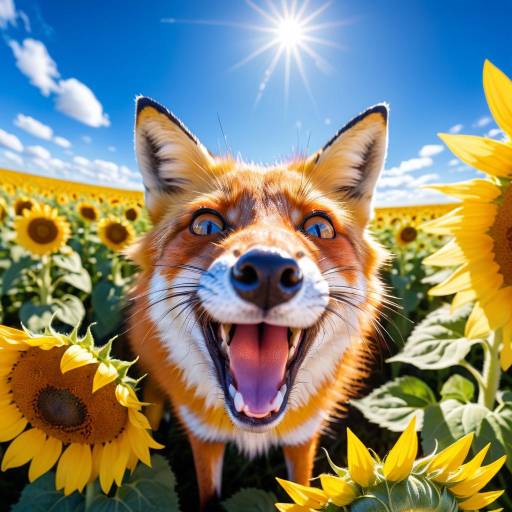 Playful Red Fox in Sunflower Field