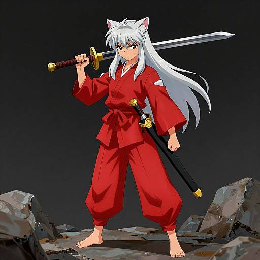 Anime Character with Sword in Dark Terrain