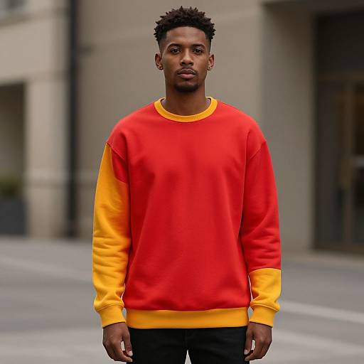 Photograph of a young Black man with short curly hair, wearing a bright red and yellow sweatshirt, standing in an urban street.