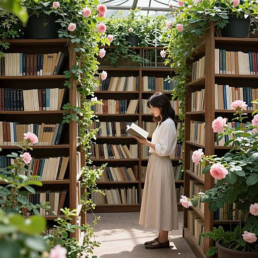 Photograph of an Asian woman with long black hair, wearing a white blouse and beige skirt, reading a book in a sunlit library with wooden book