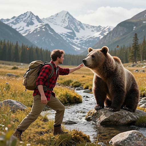 Photograph of a man in a red plaid shirt and beige pants, touching a large brown bear by a mountain stream. Snow-capped mountains and