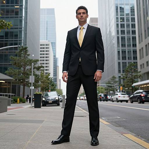 Photograph of a confident, dark-haired man in a black suit with a yellow tie standing on a busy city street. Tall skyscrapers and cars
